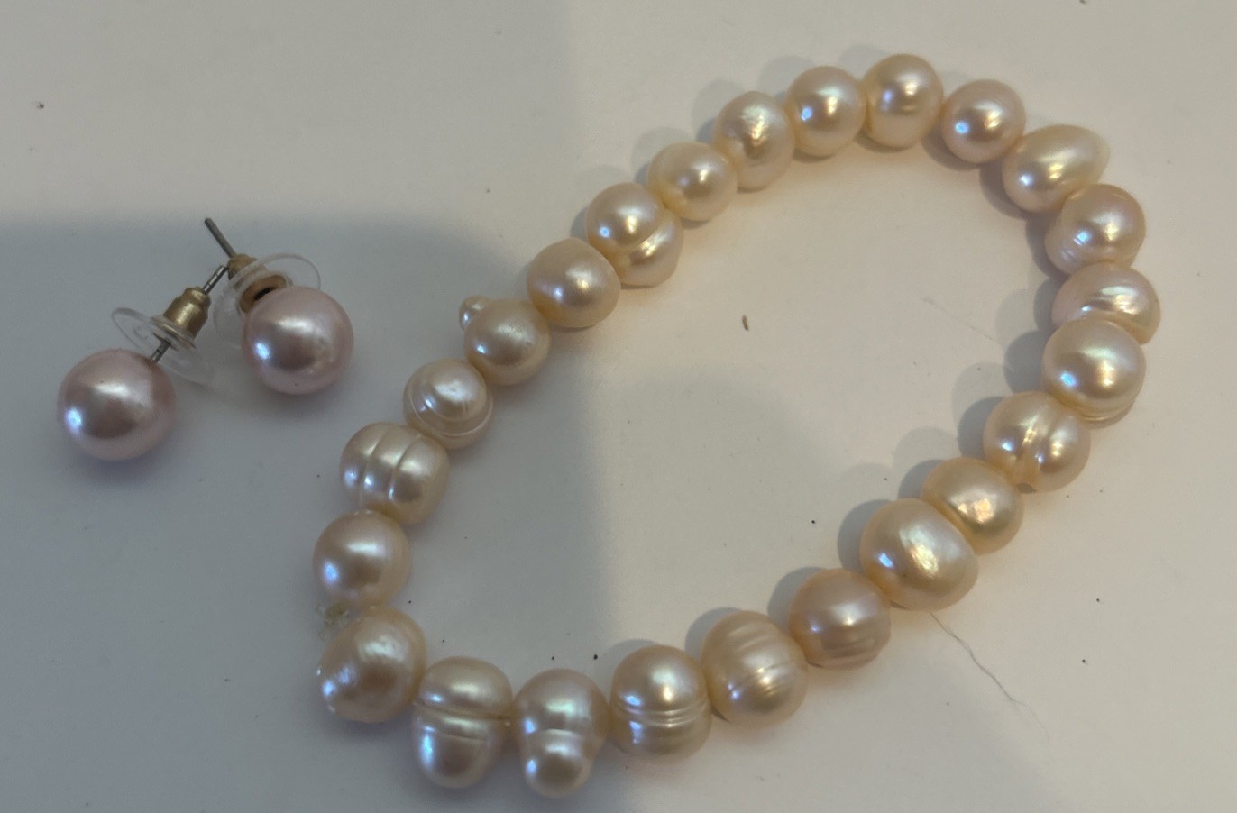 Pink Rice Shaped Freshwater Cultured Pearl Stretch Bracelet Free Earring