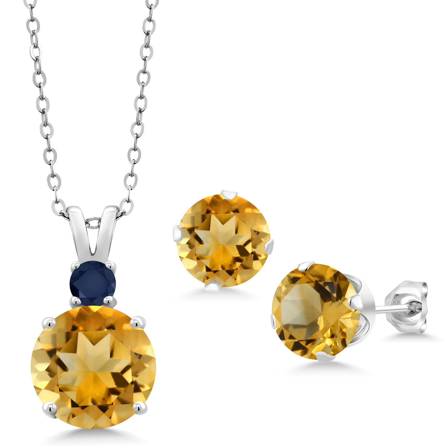 925 Sterling Silver Citrine and Sapphire Pendant and Earrings Jewelry Set For