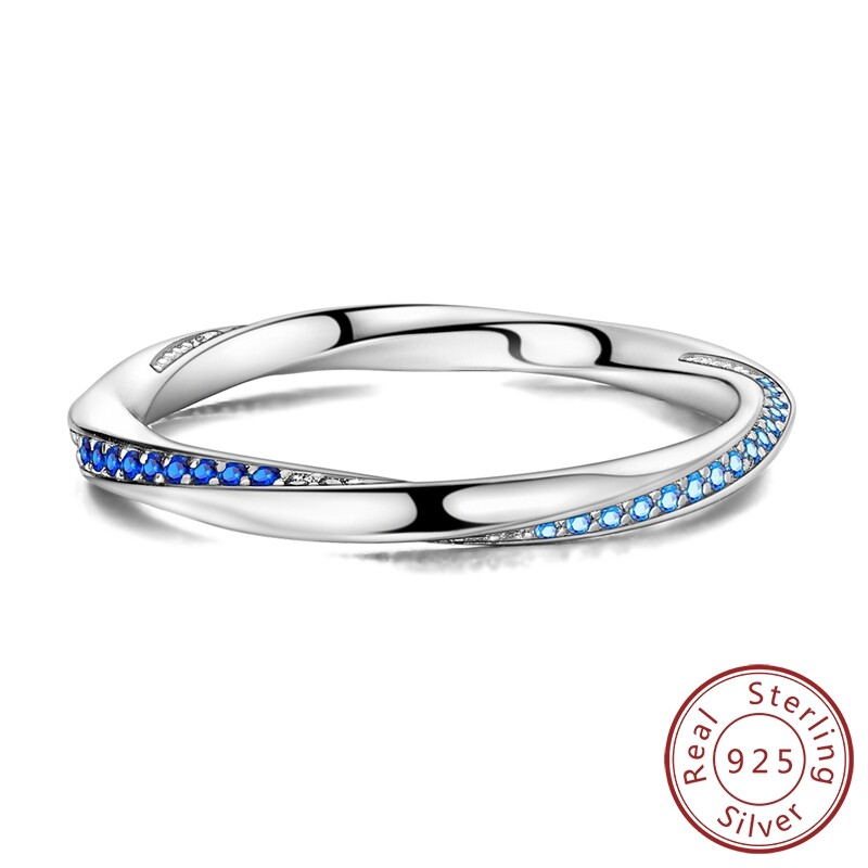 MULA European 925 Sterling Silver Finger Ring Blue CZ Reverse Love Women Jewelry