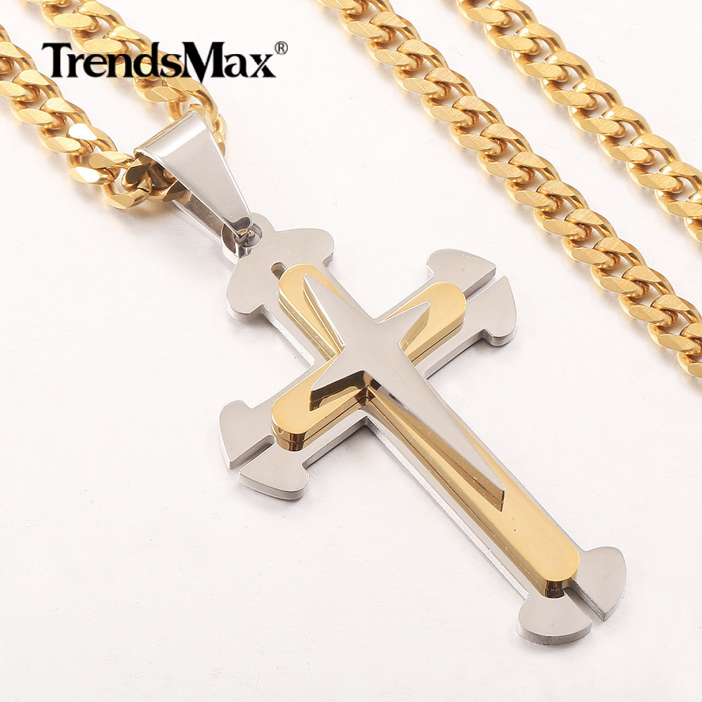 Gold Plated Stainless Steel Cross Pendant Charm Necklace 18-30″ Curb Cuban Chain