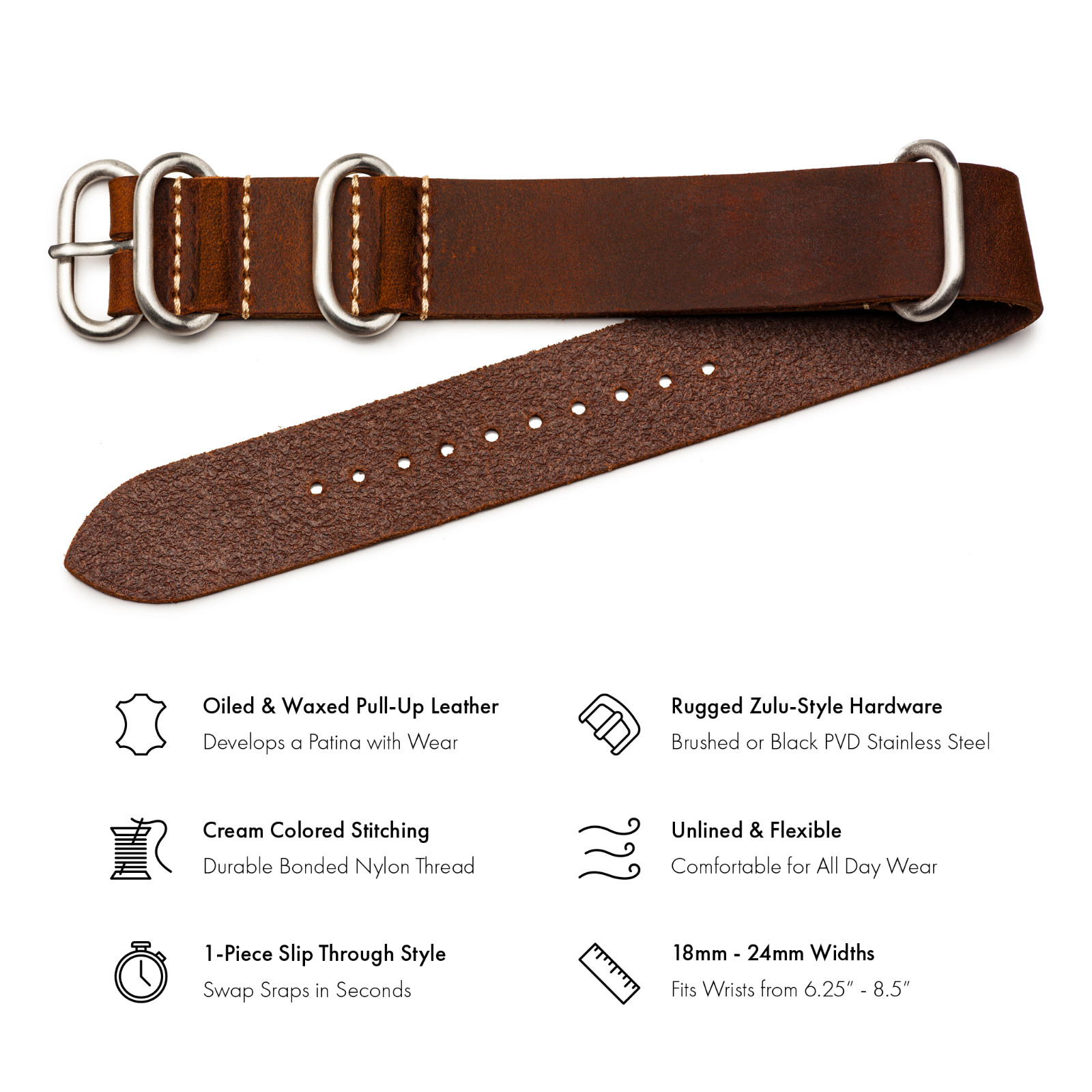 Crazy Horse Leather One Piece Watch Band – Dark Brown – 18, 20, 22 or 24mm