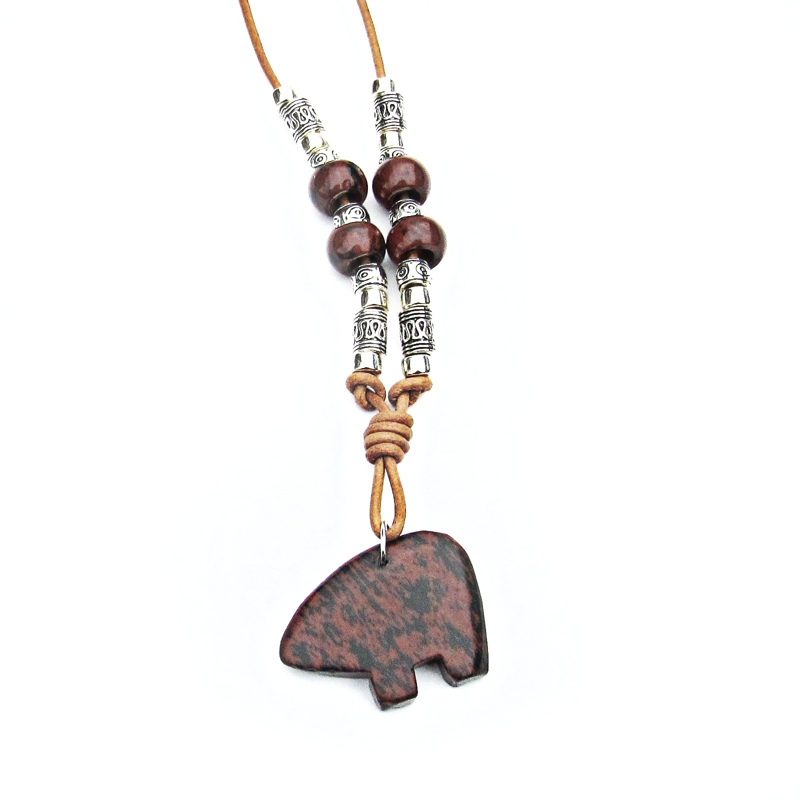 Fetish Mahogany Obsidian Bear, Long Real Leather Natural Tan Necklace,