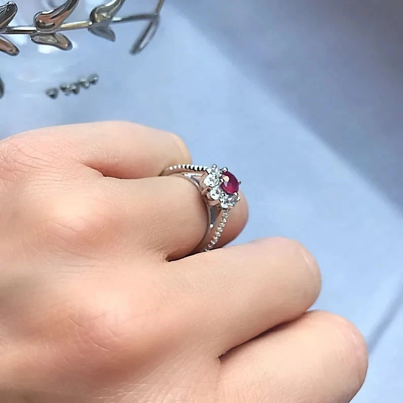 1.60 Ct Round Cut Natural Ruby & Diamond Wedding Ring Sterling Silver