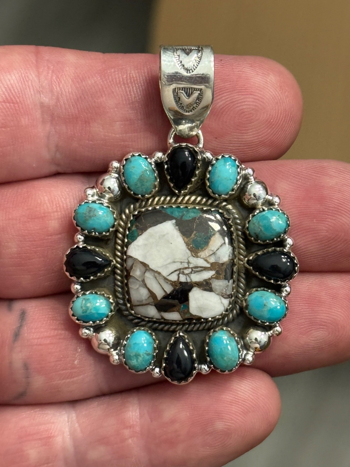 STERLING SILVER TURQUOISE WHITE BUFFALO MIX ONYX BIG CLUSTER DOME PENDANT .925
