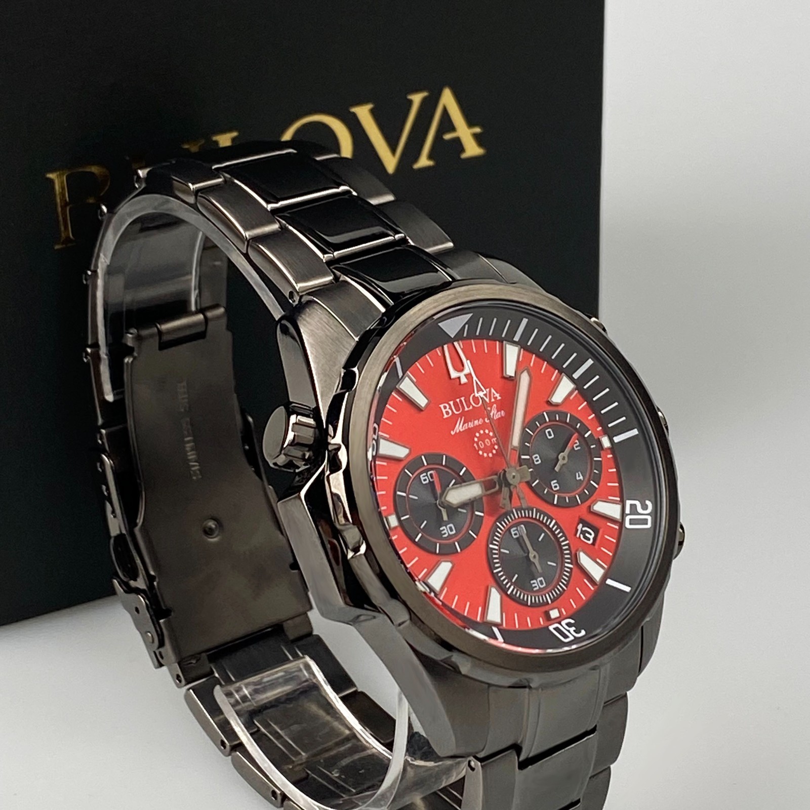 New Bulova 43 mm Marine Star Red Dial Men’s Quartz Chronograph Watch 98B350