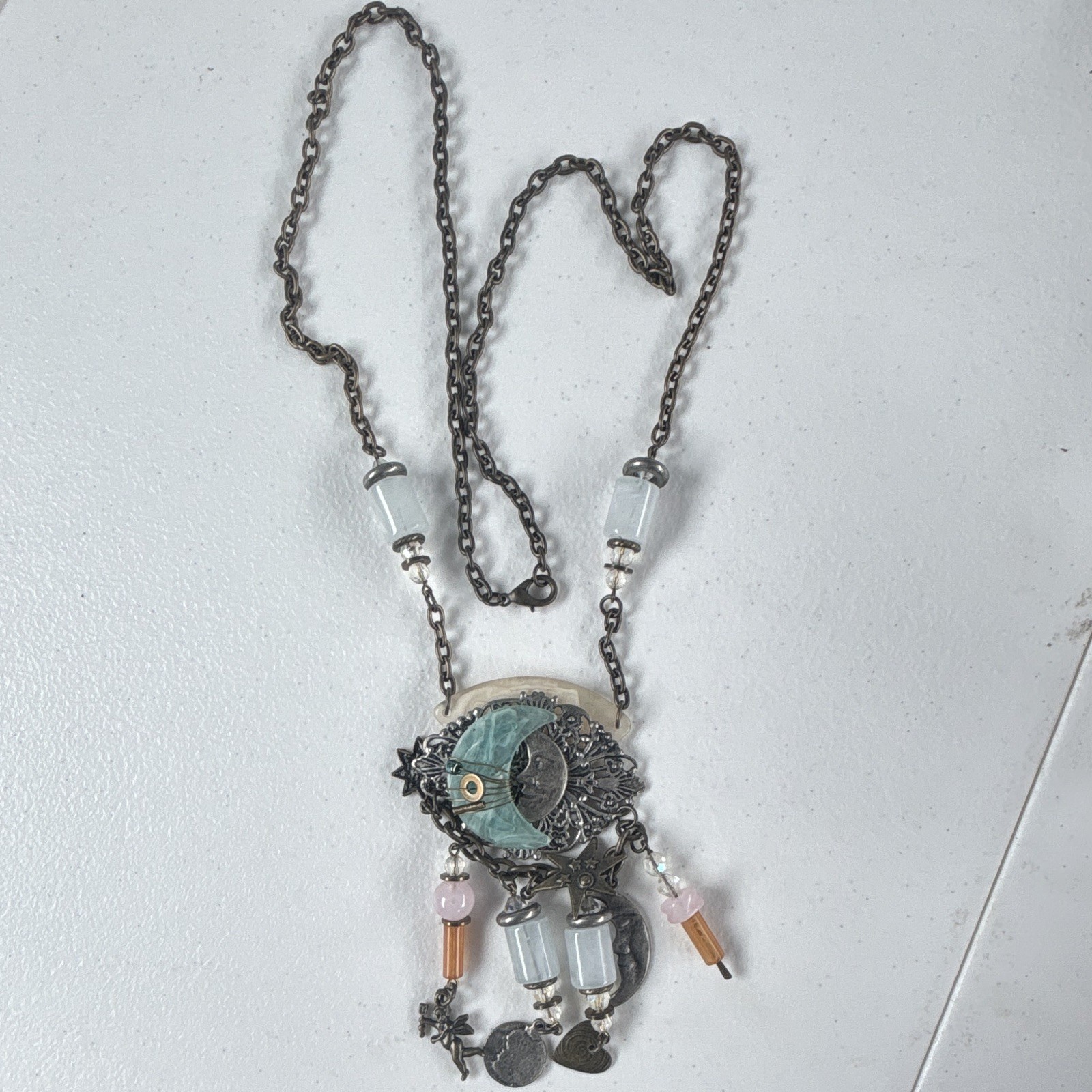 Silver Tone Cable Chain Necklace Moon & Stars Charm Pendant Blue Glass Lobster