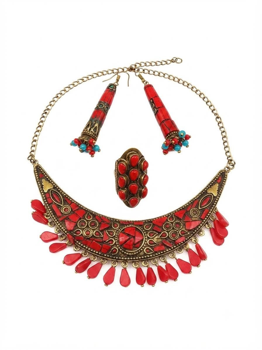 Tibetan Jewelry Set Red Coral Turquoise Necklace Earrings Ring Brass Tribal Set