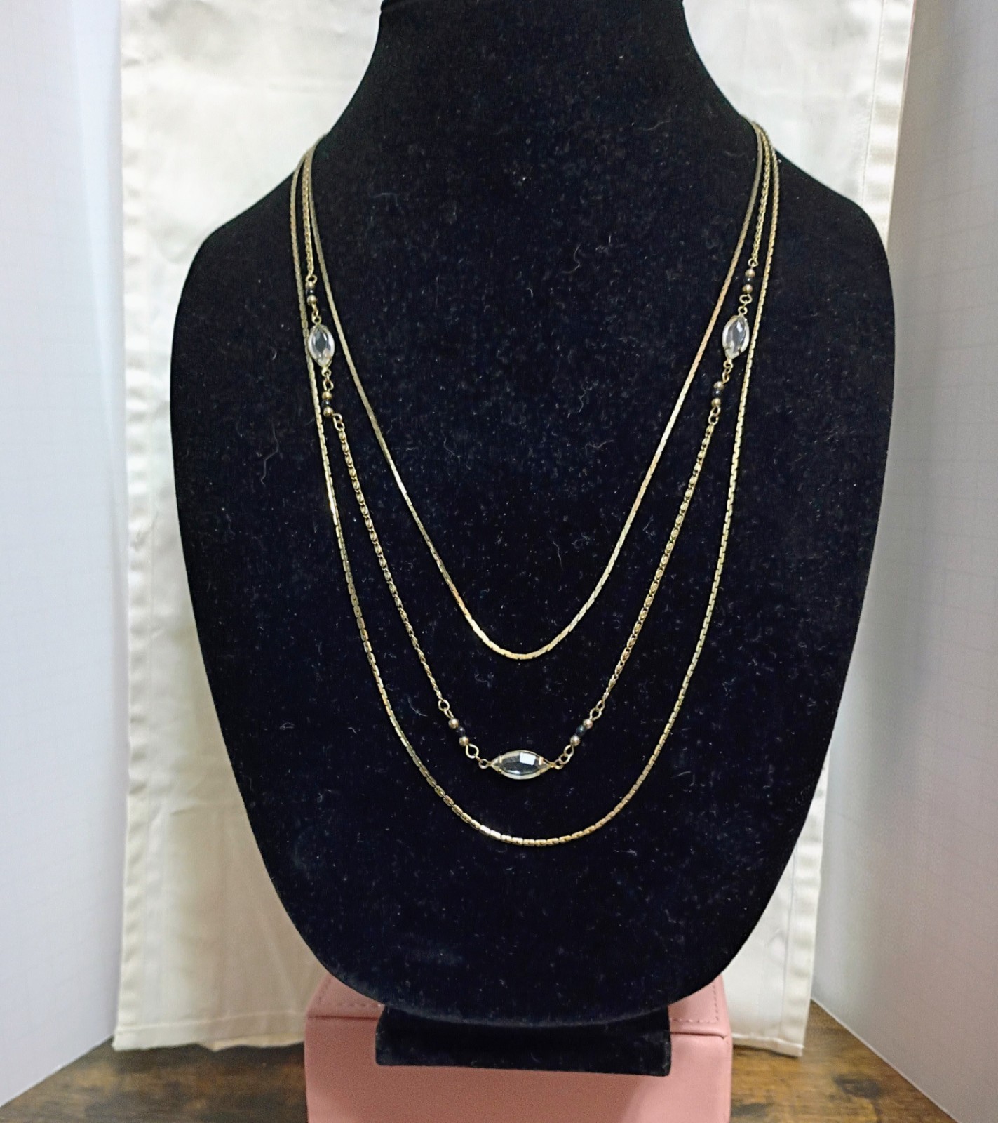 Gold Tone Layered Cable Chain Necklace Clear Oval Bezel Stations Spring Ring