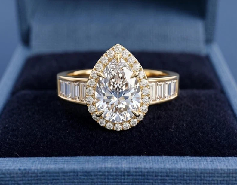 IGI 5.00 Ct Pear-Cut EF/VS1 Lab Grown Diamond Halo Wedding Ring 14K Yellow Gold