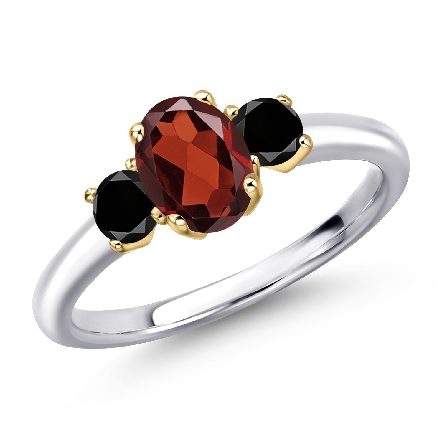 925 Silver and 10K Yellow Gold Garnet and Black Diamond Engagement Ring For