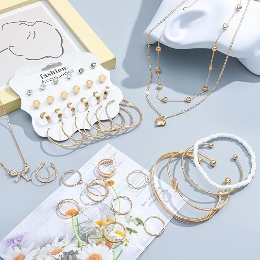 NEWITIN 49 Pieces Gold Jewelry Set for Women Fashion Costume Jewelry Gold Plated
