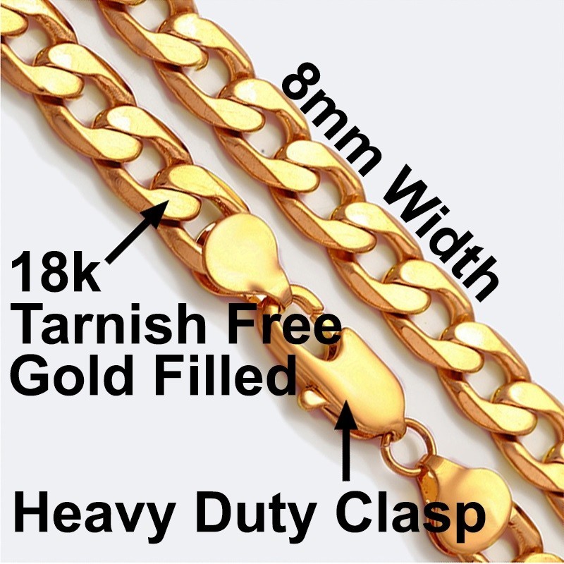 Solid 18K Yellow Gold Filled Tarnish-Free 20″ Wide 8mm Curb Link Chain Necklace