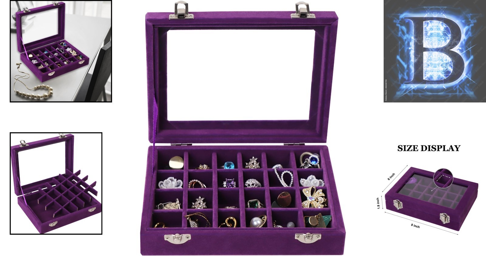 Stylish 24 Grid Jewelry Box – Secure Velvet Organizer for Earrings and Rings