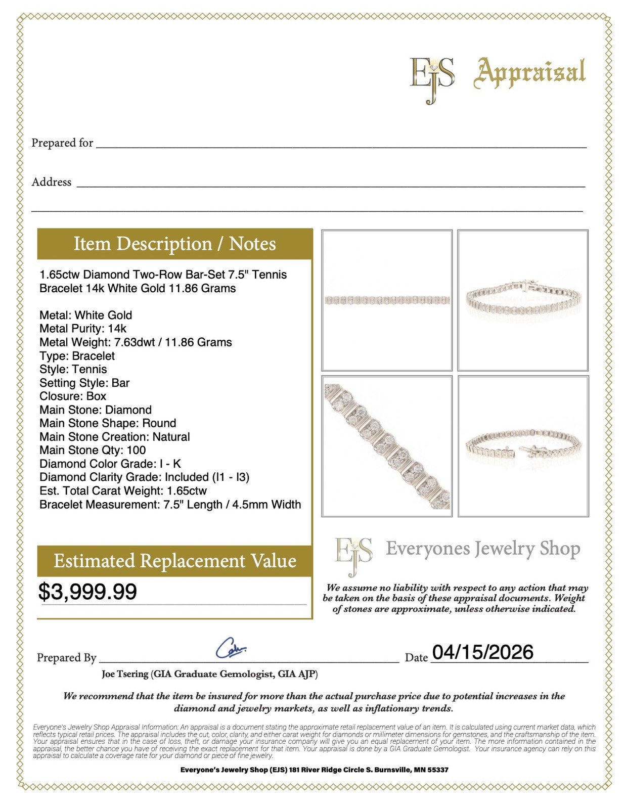 1.65ctw Diamond Two-Row Bar-Set 7.5″ Tennis Bracelet 14k White Gold 11.86 Grams