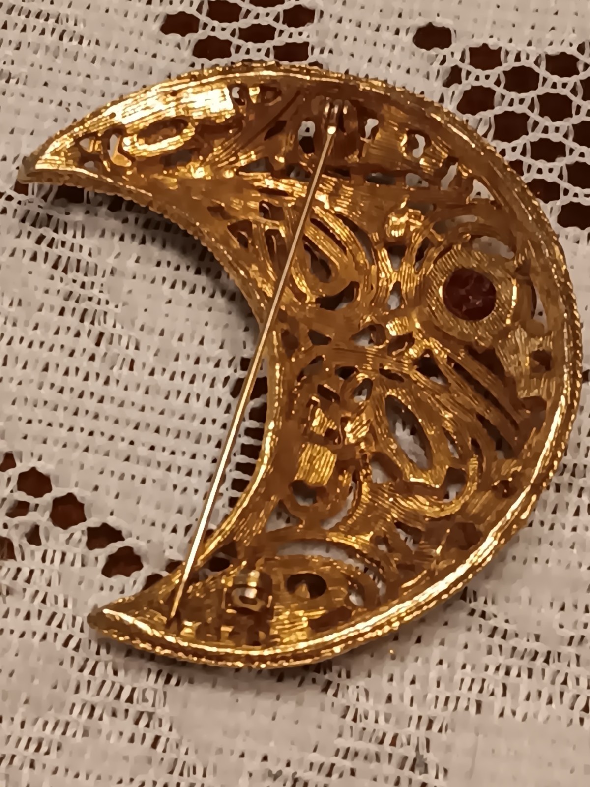 Gold Tone Crescent Moon Brooch Pin Multicolor Rhinestones Celestial Prong Set