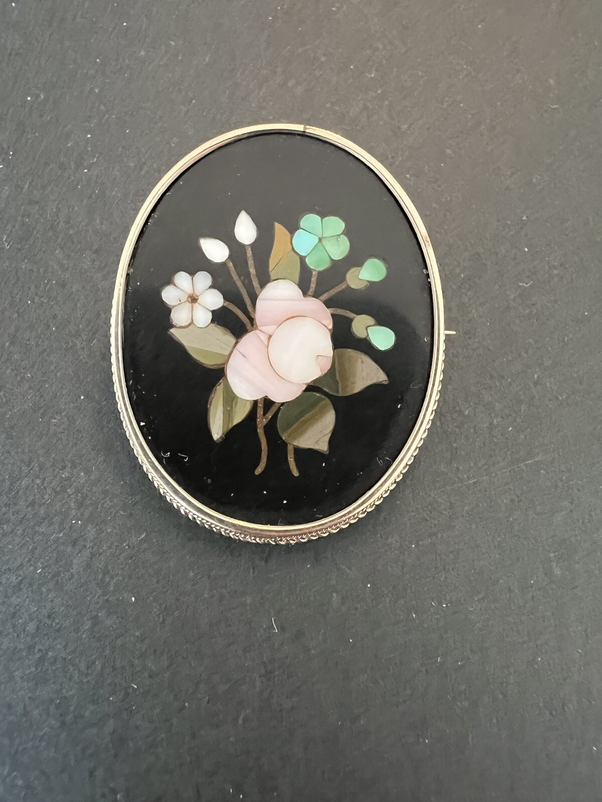 Vintage Antique Italian Pietra Dura Inlay 14k Yellow Gold Brooch Pin Flowers