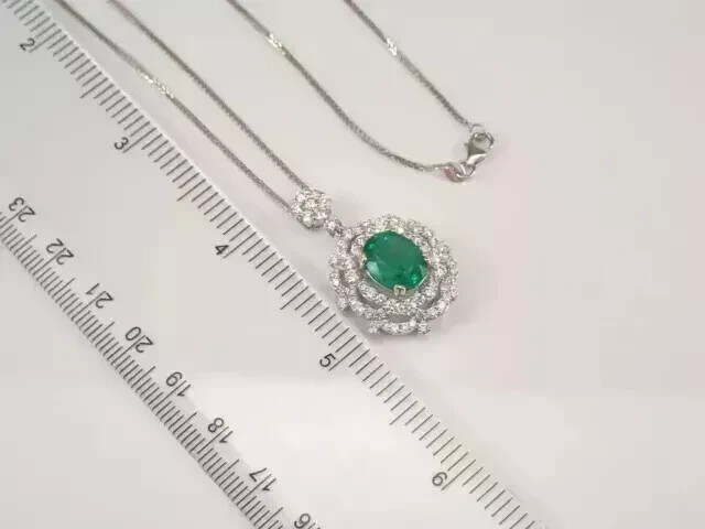 3.00Ct Oval CutNatural Green Emerald Halo Wedding Pendant 14K White Gold Plated