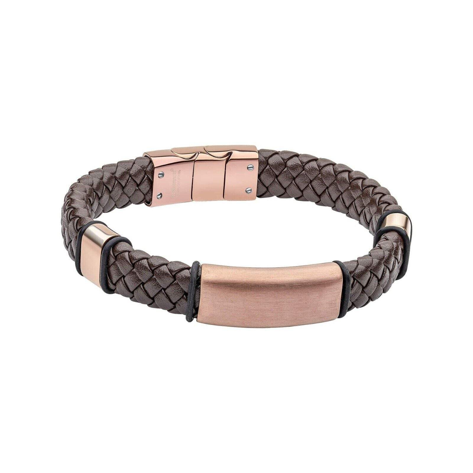Fred Bennett Woven Brown Leather Bracelet with Coffee Plated Stainless Steel 9″