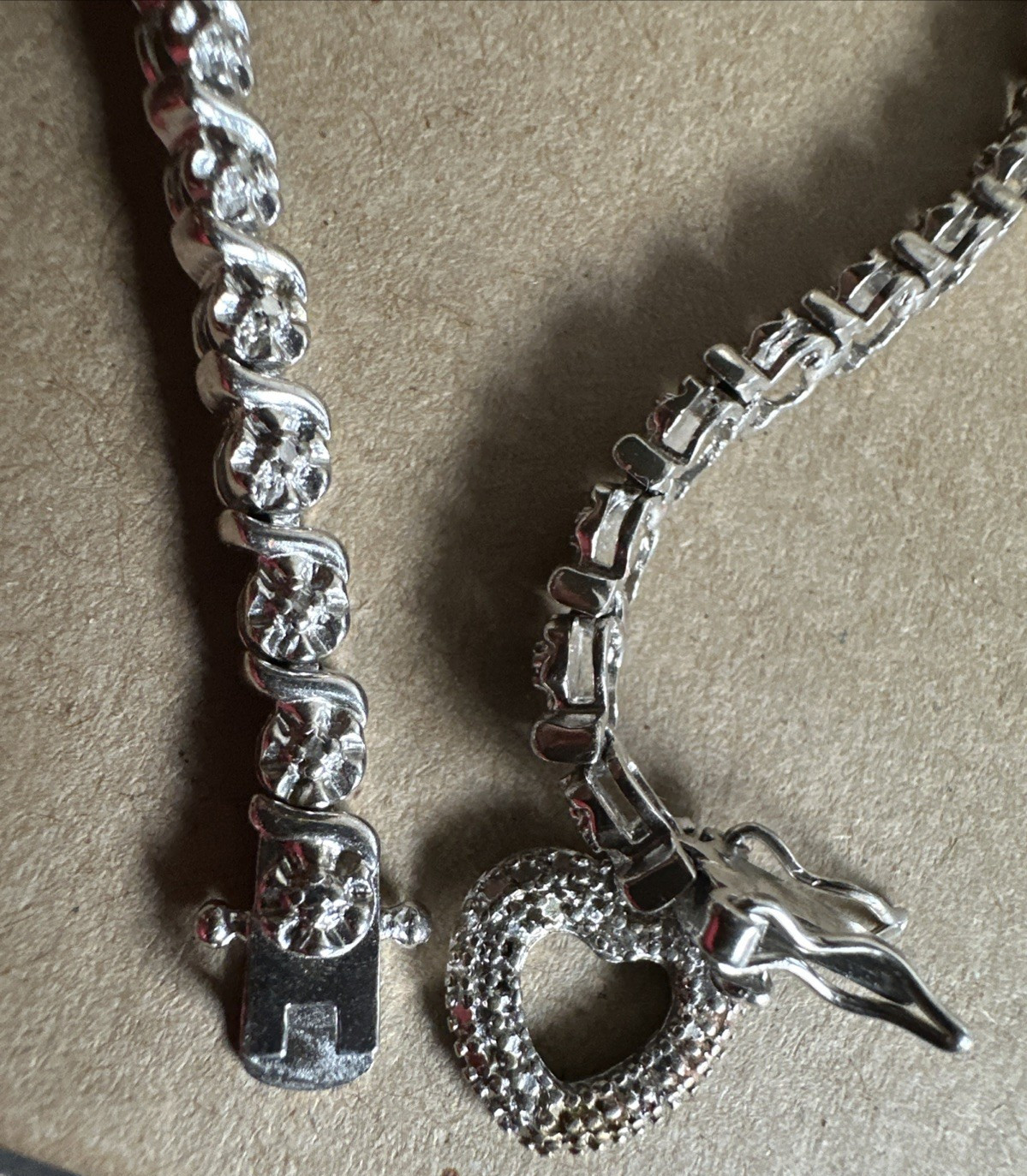 Marked 925 Platinum Over Silver Diamond Accent Tennis Bracelet w/ Heart Charm