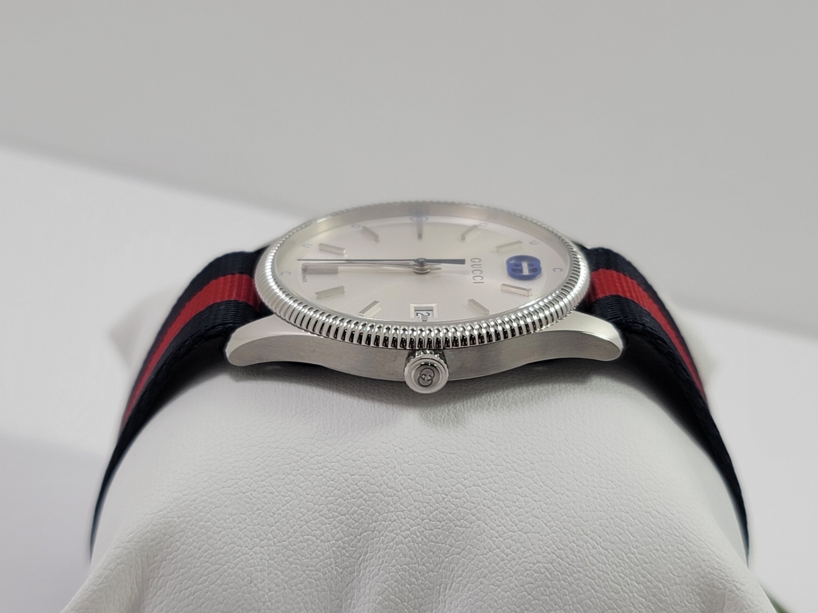 Gucci G-Timeless SWISS Quartz Silver Dial Blue Red Nylon Strap Watch YA1264237