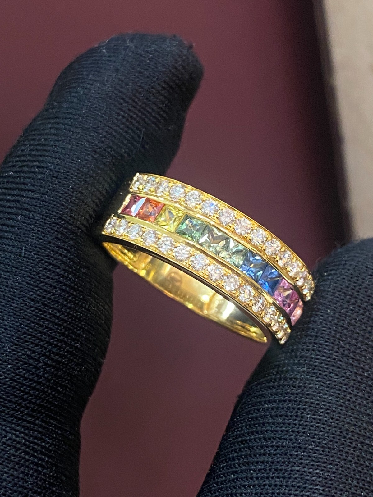 2.52 TCW Round Brilliant Diamonds Multi Color Princess Sapphire Ring in 18K Gold