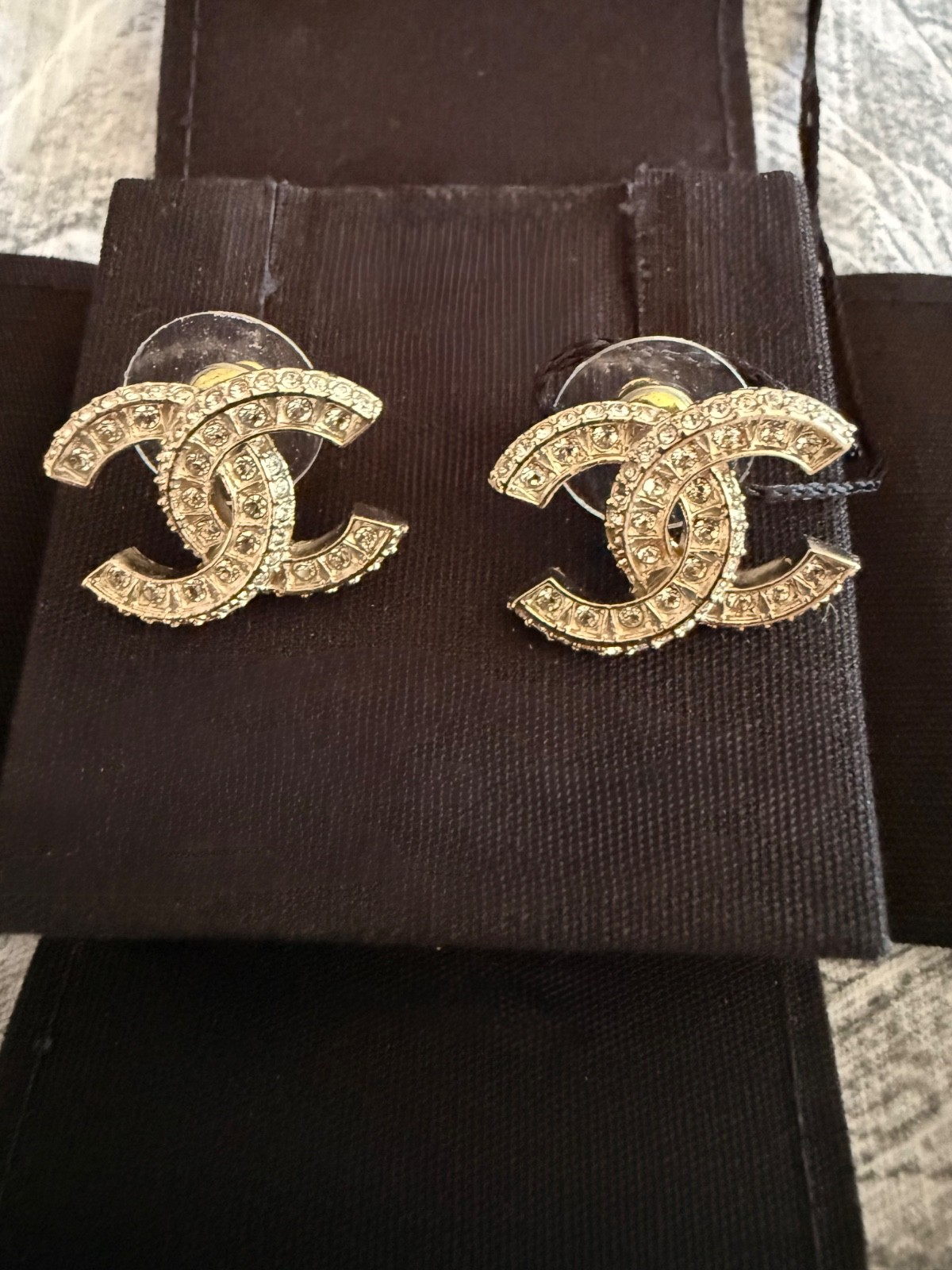 Chanel Crystal Timeless CC Earrings Light Gold