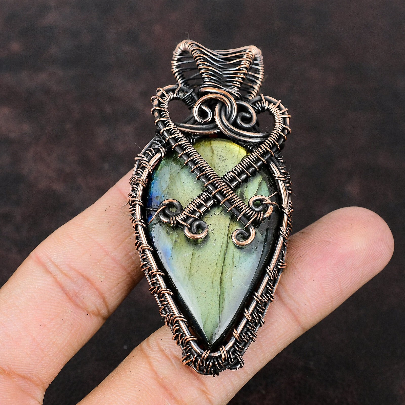 Labradorite Wire Wrapped Pendant Handcrafted Copper Ethnic Gift Jewelry 2.95″
