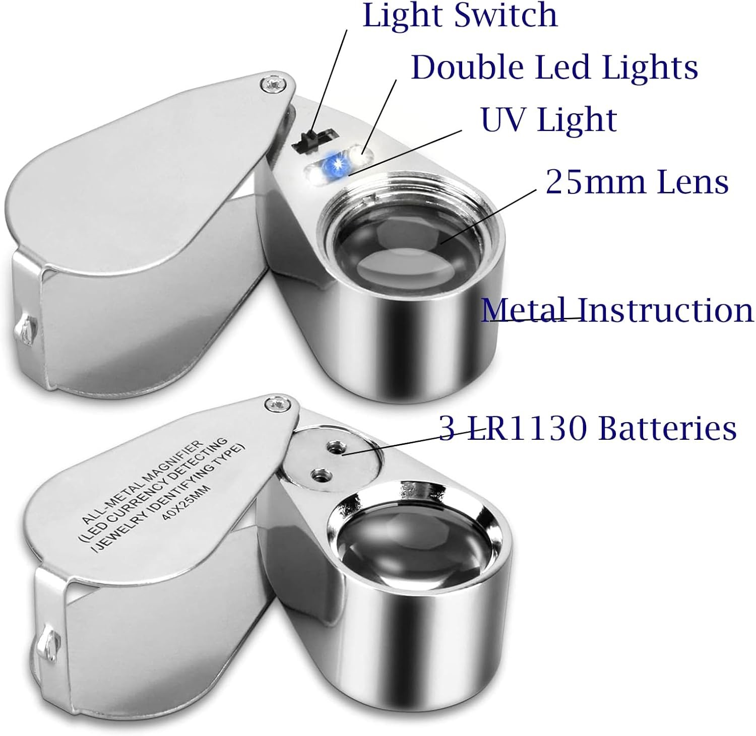 40X Jewelers Loupe, Full Metal Illuminated Jewelry Loop Magnifier, Silver