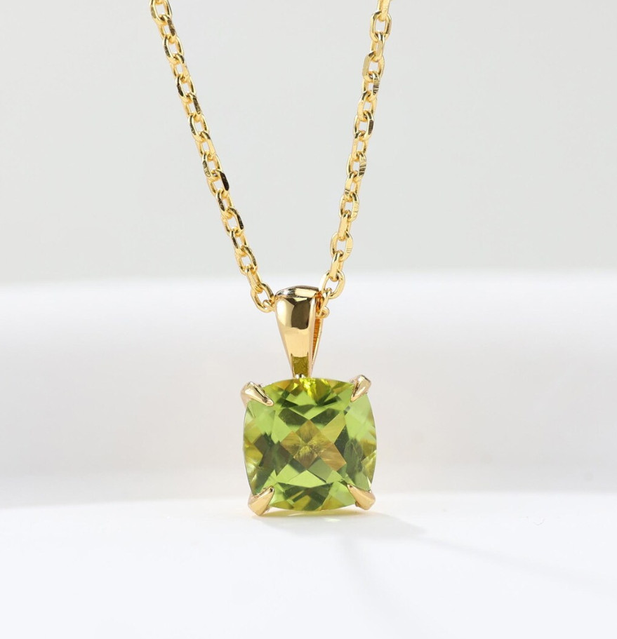 Everyday Wear Cushion Cut Peridot Pendant Necklace Gold Plated Necklace For Her