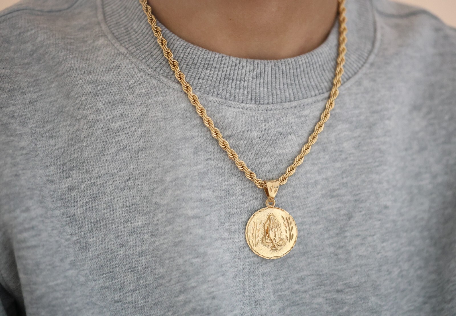 Gold Praying Hands Necklace, 5mm French Rope Chain, 14k Heavy Plated Gold