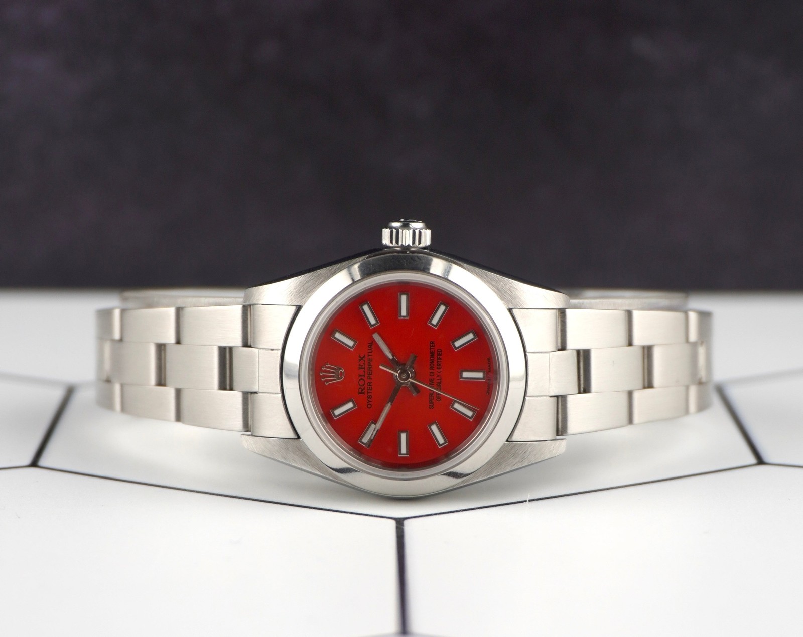 Rolex Oyster Perpetual 25mm Steel Red Dial Smooth Oyster Watch 67180