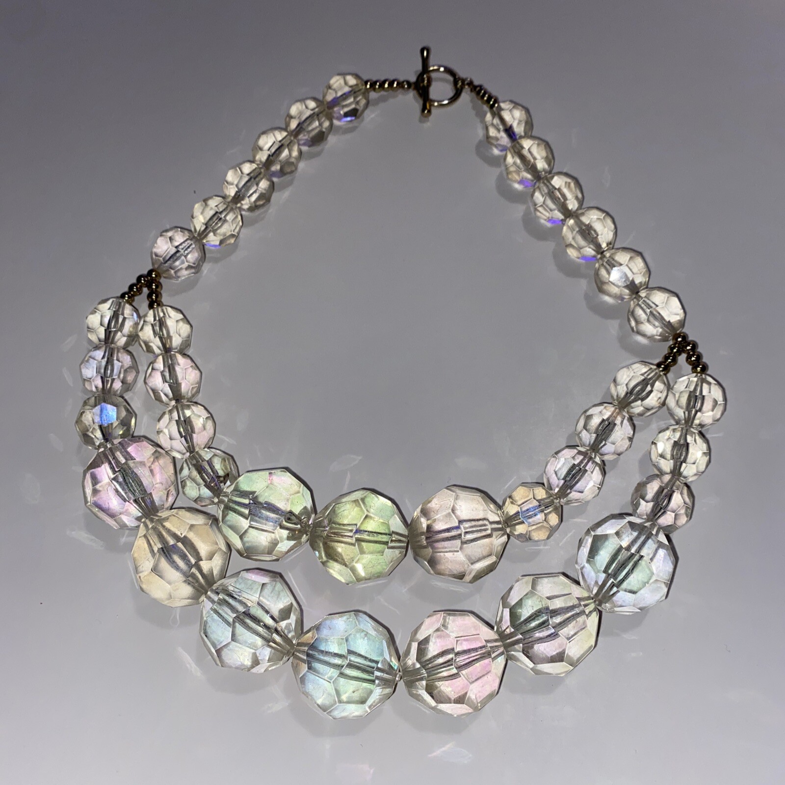 Vintage Faceted Beaded Necklace With Clear Iridescent AB Plastic & Graduated