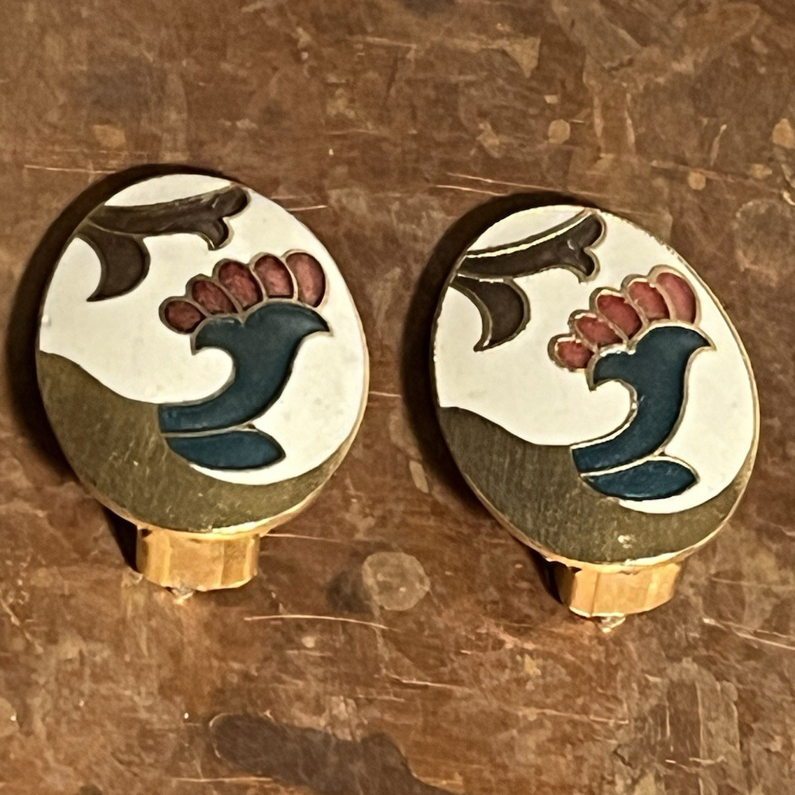 Gold Tone Oval Enamel Floral Clip-On Earrings Blue Flower Design