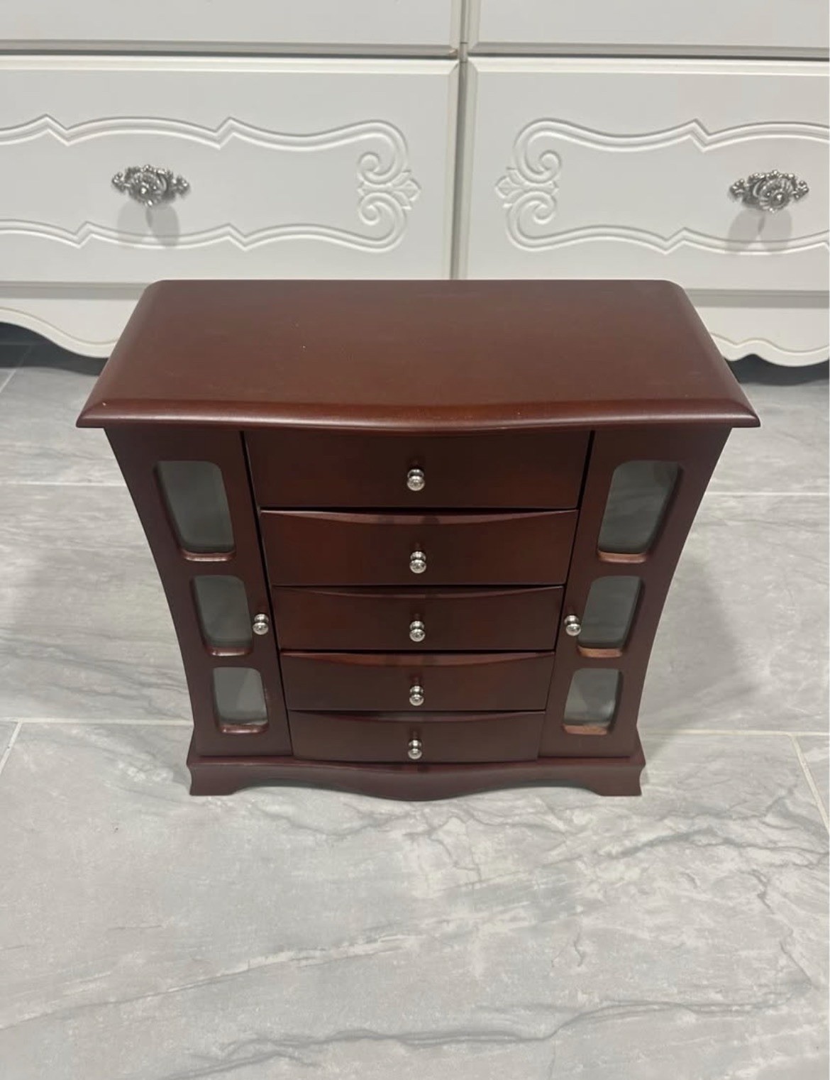 Brown Wood & Glass Vintage Jewelry Box