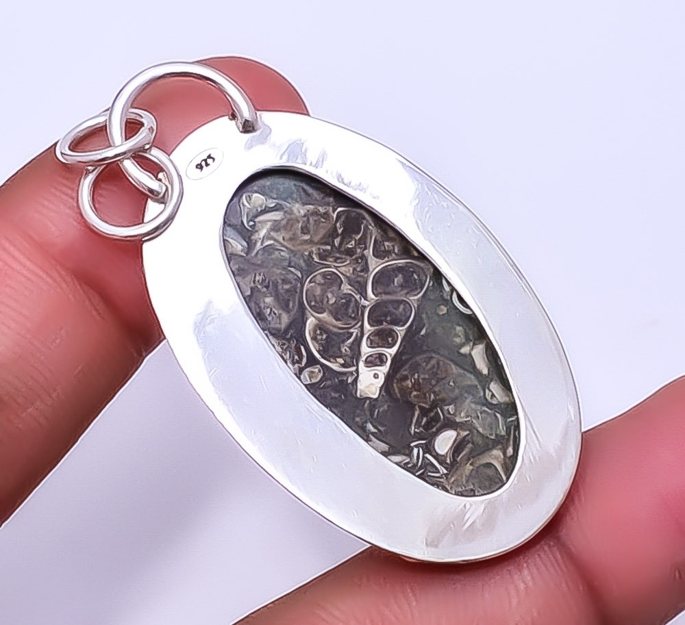 Turritella Fossil Agate Gemstone 925 Sterling Silver Handmade Pendant 2.11″ A330