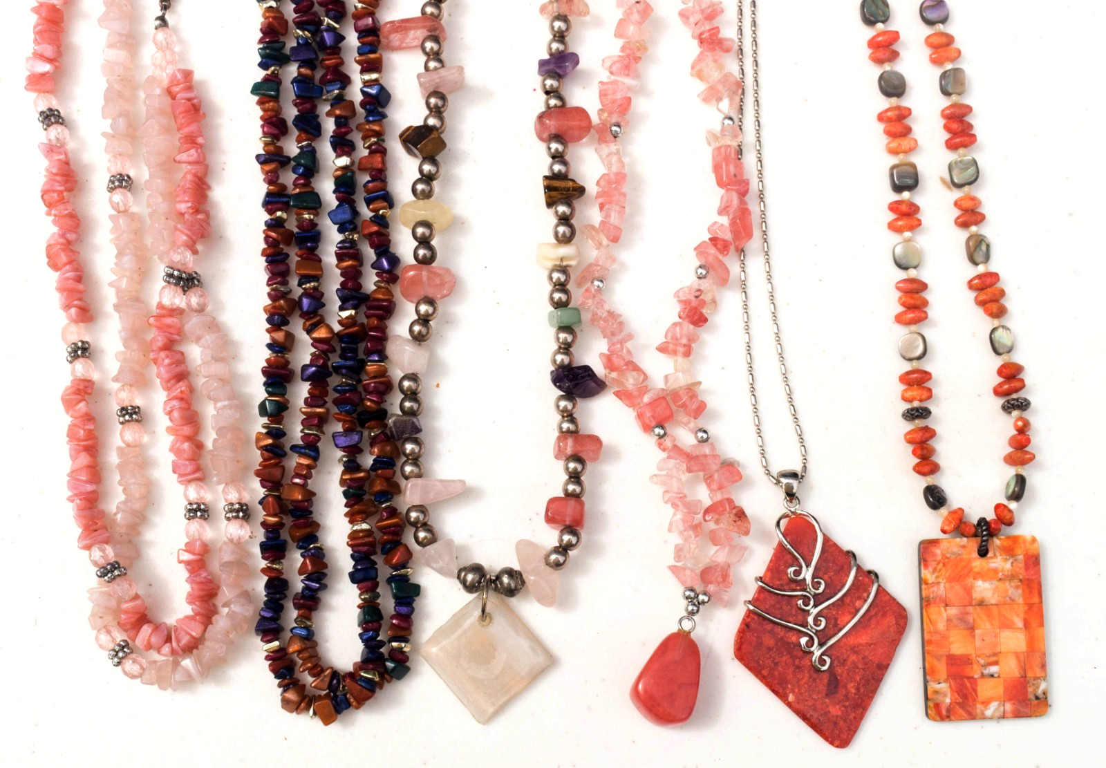 Lot of 6 Orange & Brown Gemstone & Shell chip Necklaces