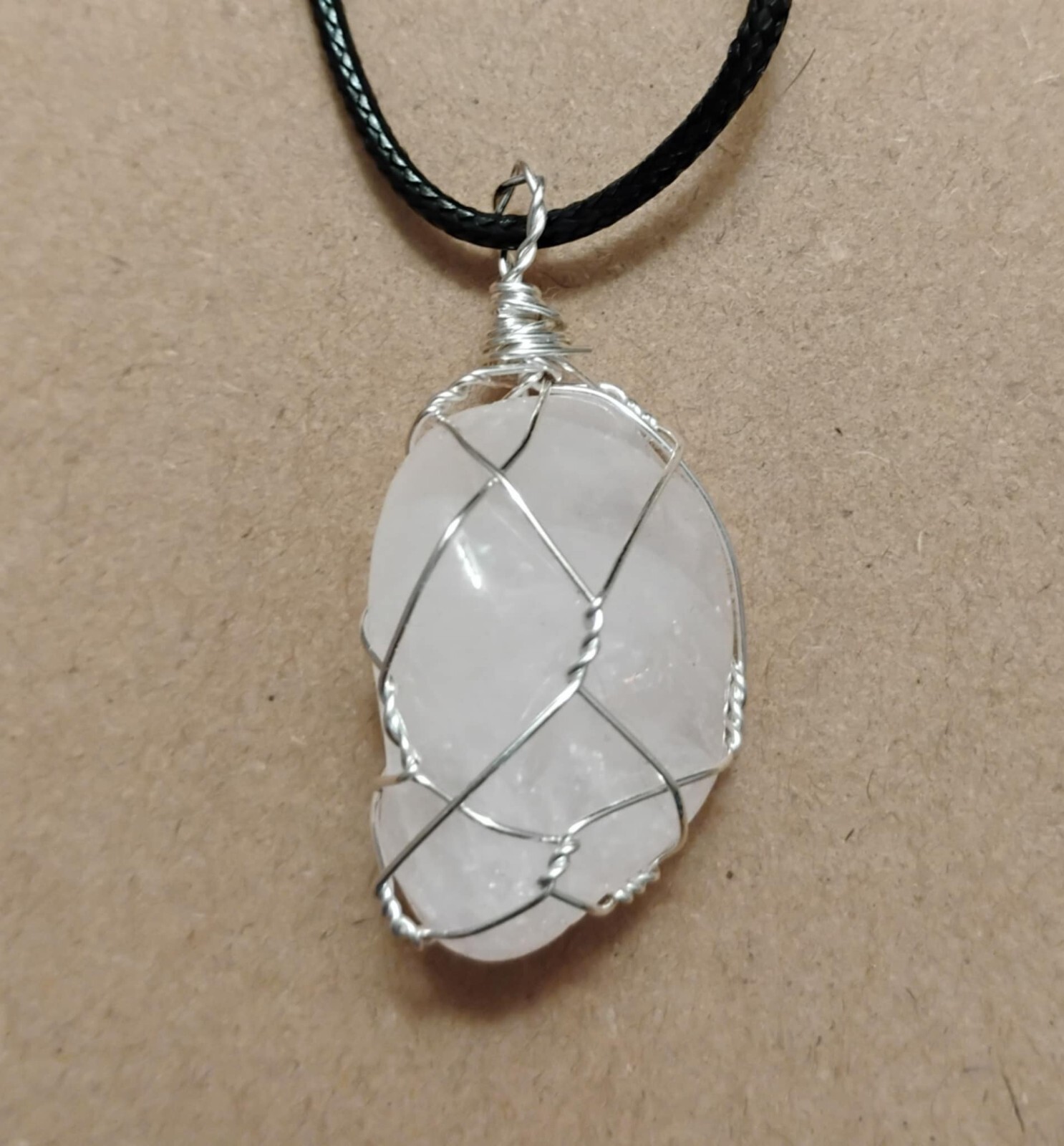 Natural Rose Quartz Crystal Pendant Hand-wrapped in Silver-coated Wire