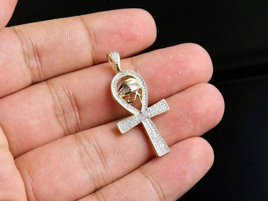 2 Ct Lab Created Diamond Evil Eye of Ankh Cross Pendant 14K Yellow Gold Plated