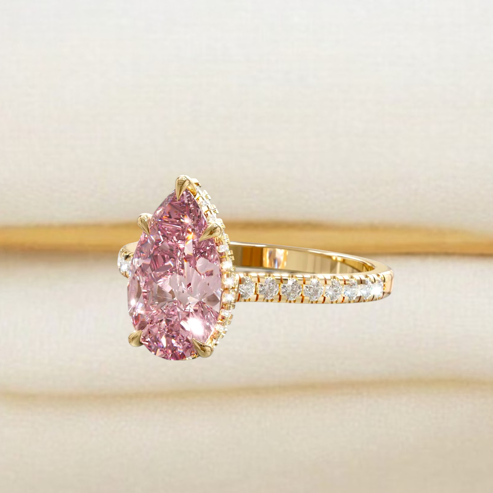 Fancy Vivid Pink Diamond Women Ring Lab Grown 4.70 Ct Pear Cut 18k Yellow Gold
