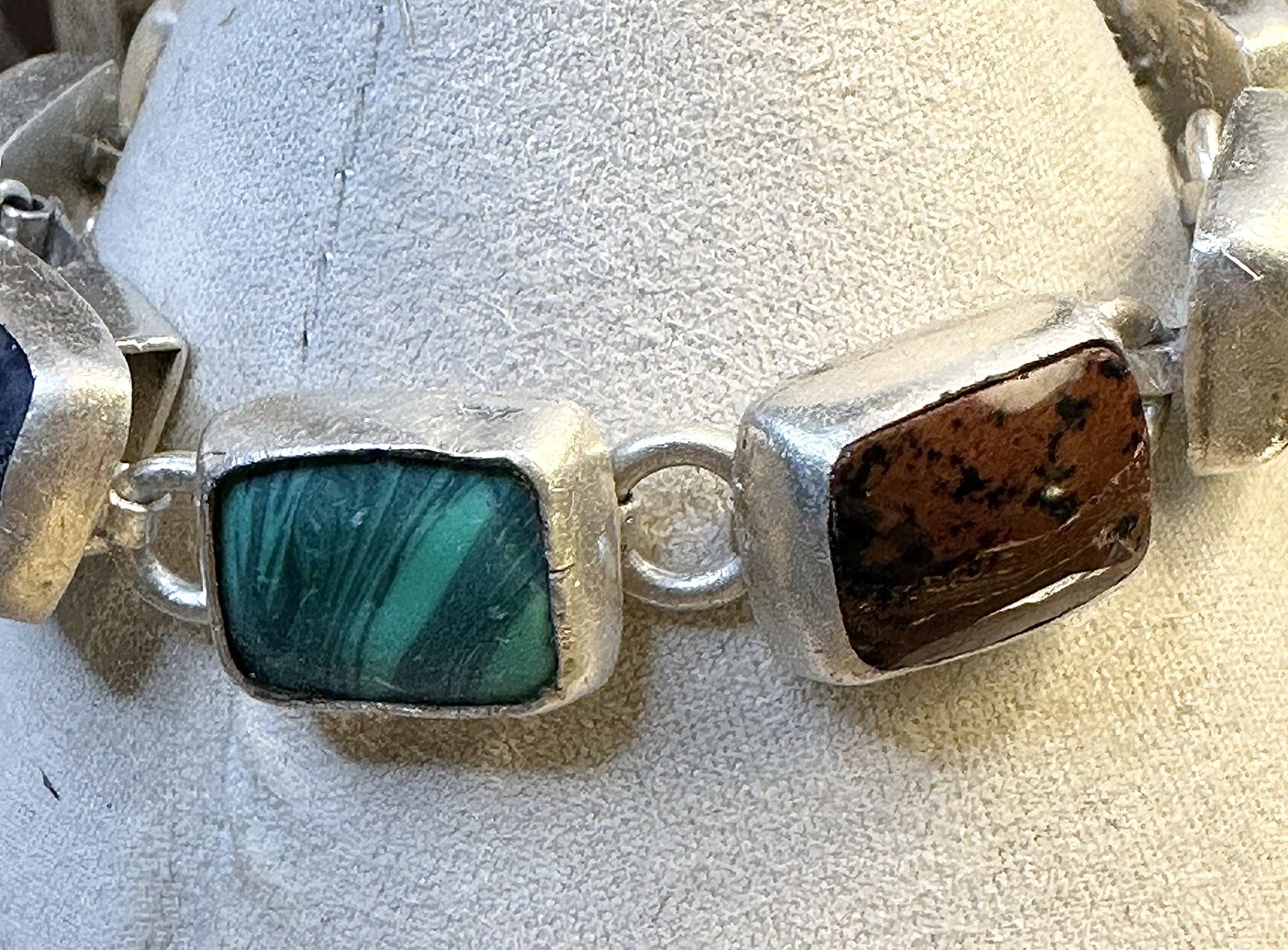 Vintage Mexico Rose Quartz Onyx Malachite Lapis + 925 Silver Bracelet 7 In