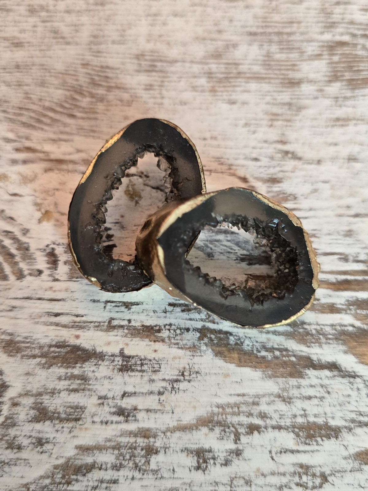 Geode Druzy Statement Earrings Gold Tone Black Crystal Slice Jewelry #262