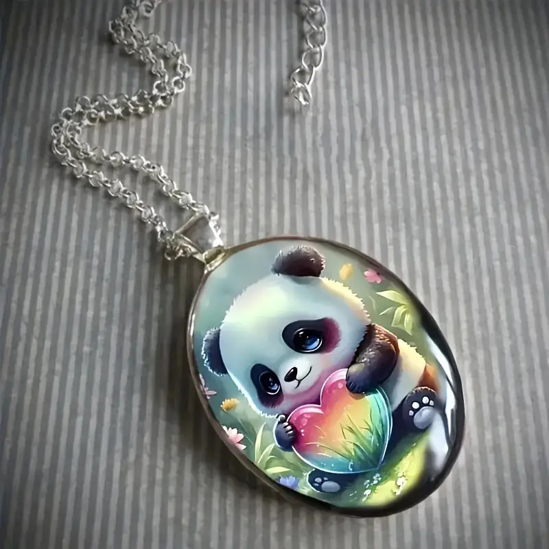 Cute Panda Oval Jewelry Vintage Silvery Nature Bear Love Animal Pendant Necklace