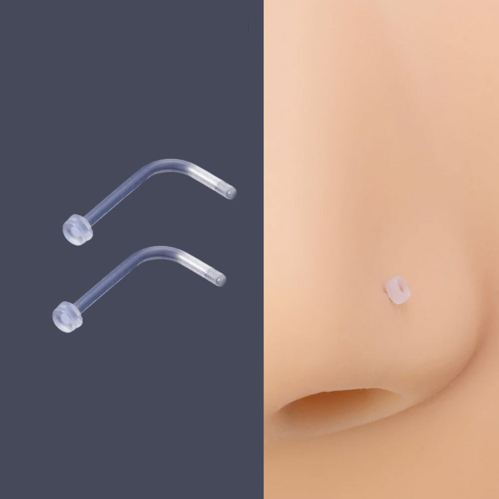 2x Clear Transparent Invisible Nose Stud. See Through Nose Stud Plastic Piercing