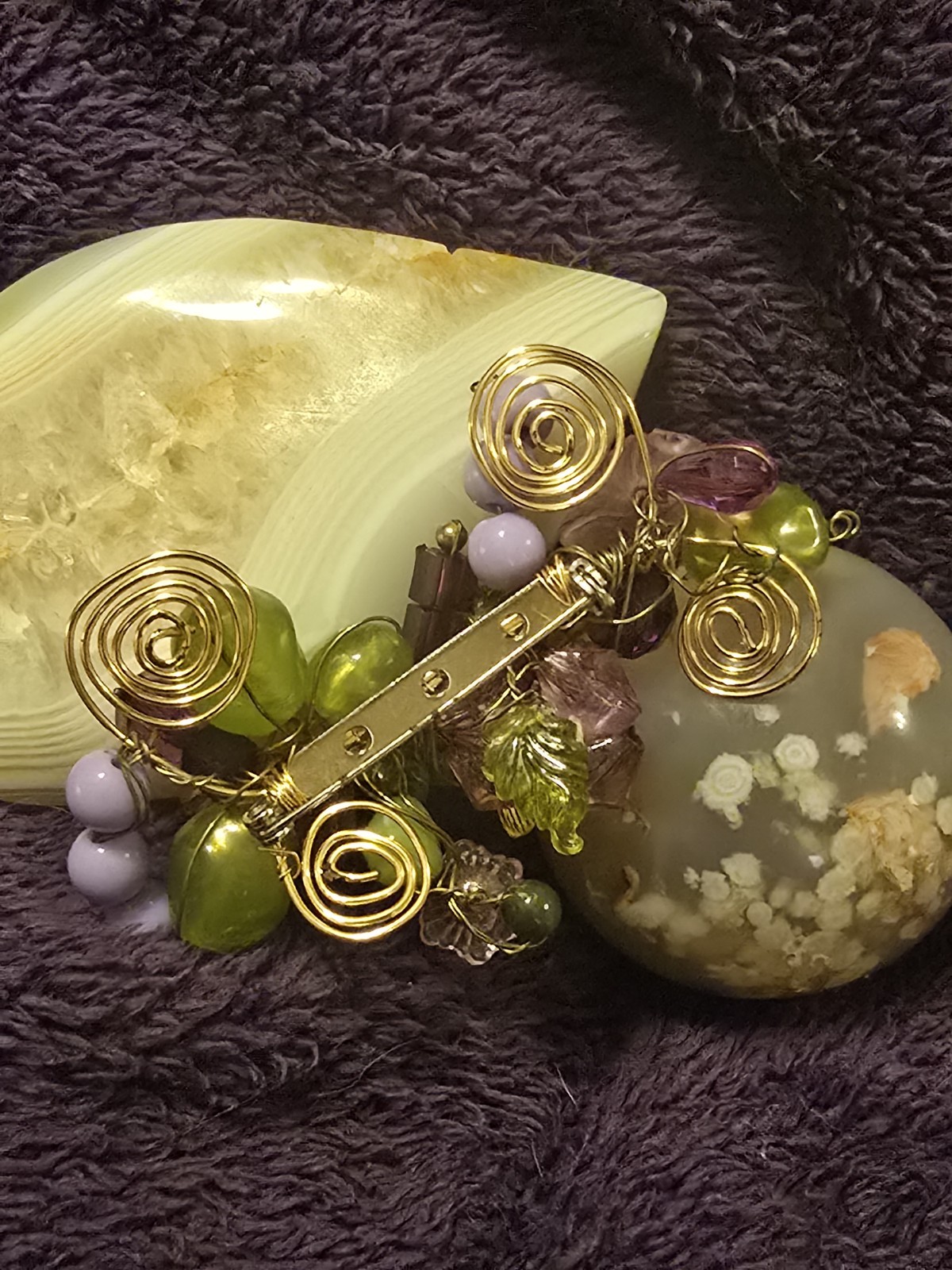Handmade Gold Tone Metal Flowers Brooch Pin w/ Green & Purple Acrylic Beads