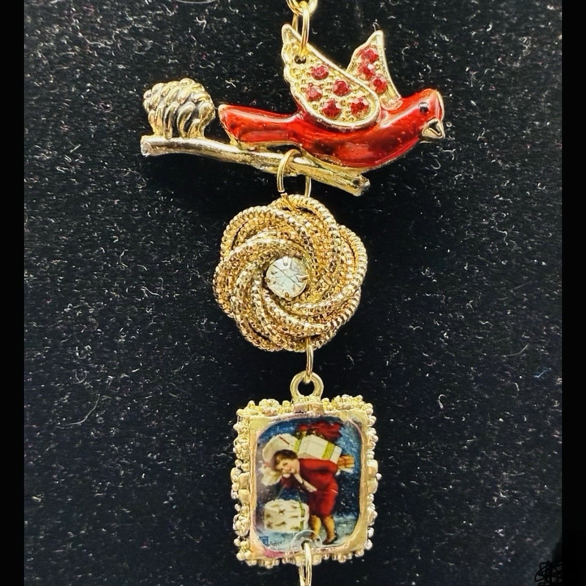 Winter Cardinal Bird Nest, Vintage Upcycled Necklace Charm Enhancer Extender