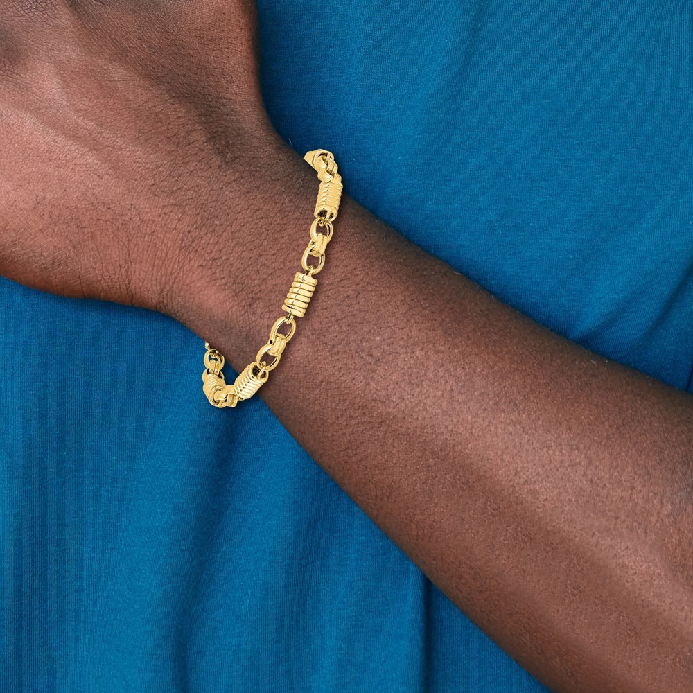 14k Yellow Gold Polished and Grooved 5.4mm Fancy Link Mens Bracelet 8.5″