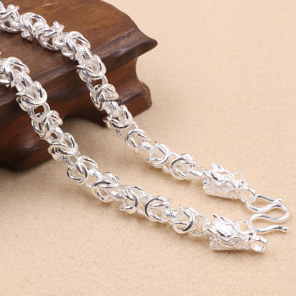 Real S999 Fine Silver Necklace 6.5mm Byzantine Link Chain with Dragon Head