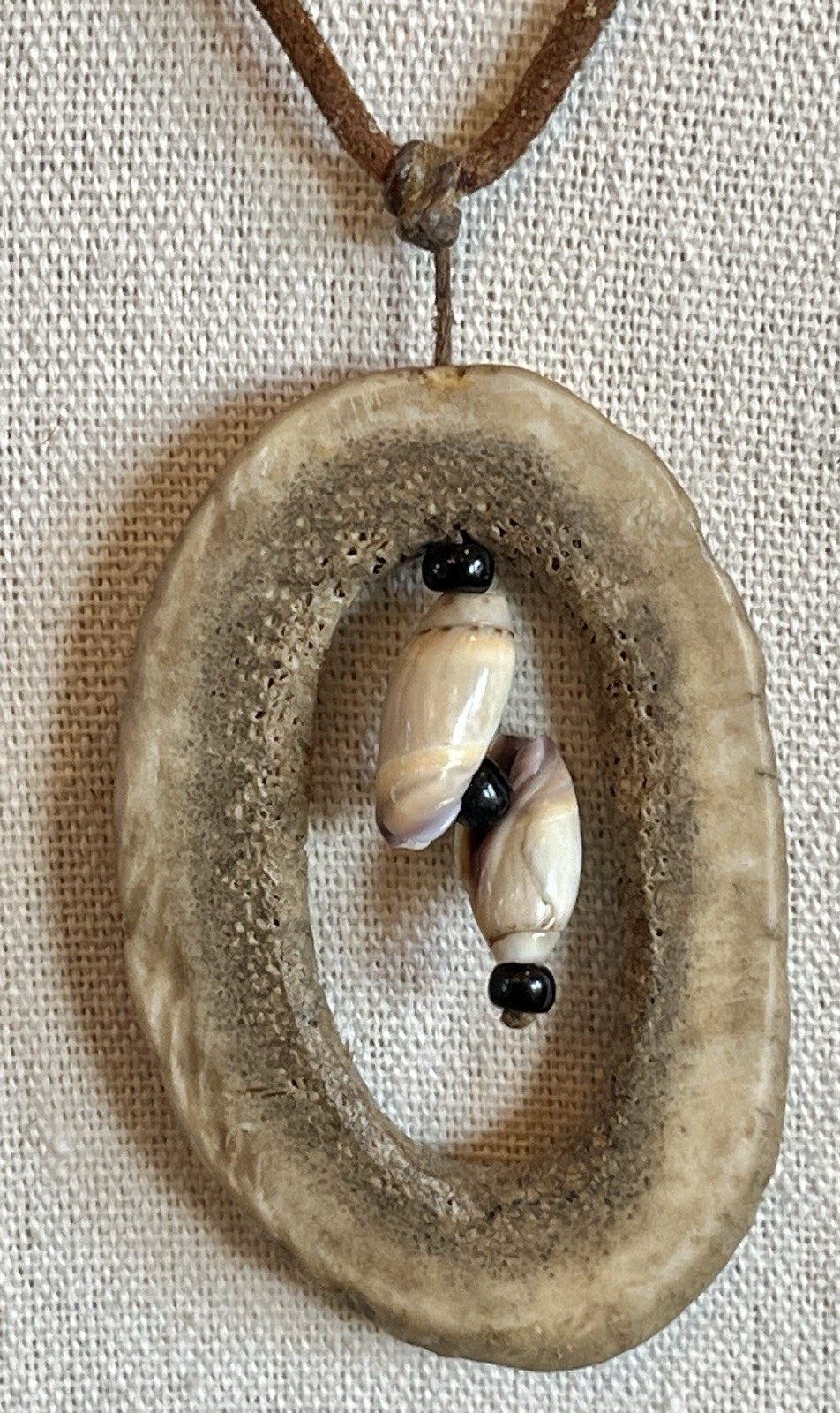 Vintage Deer Antler Slice Necklace Pendant With Hanging Shells Leather Cord