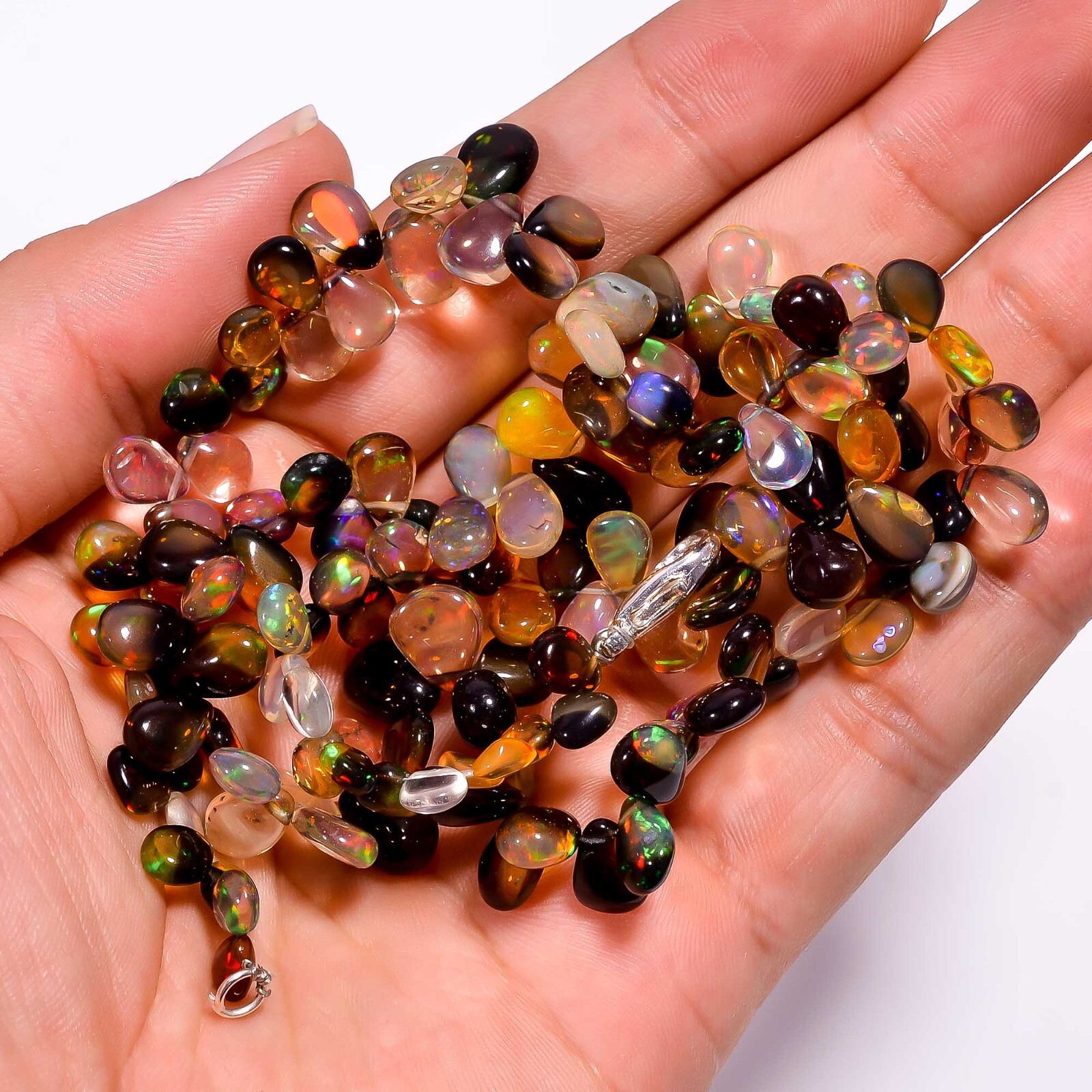 121.2 Ct. Welo Fire Multi Ethiopian Opal Pear Smooth Beads Necklace 17.5″ A-2977
