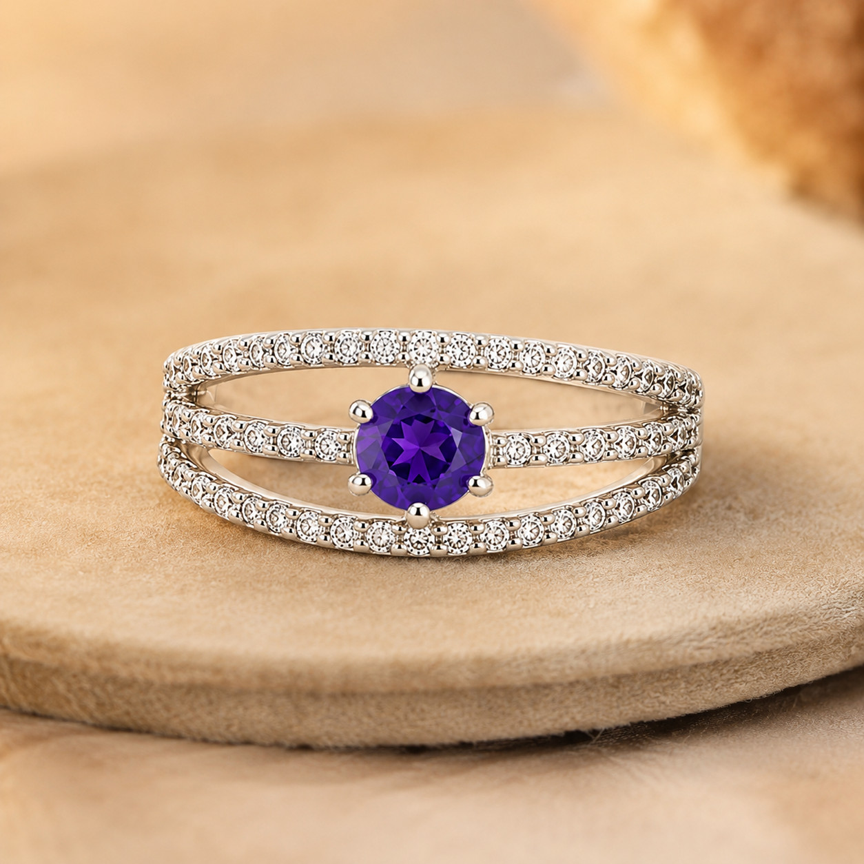 925 Sterling Silver Purple CZ Engagement Ring Split Shank Solitaire Women